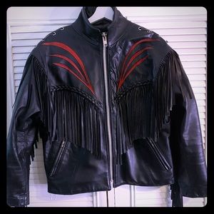 Vintage LEATHER JACKET with Fringe Black & Red